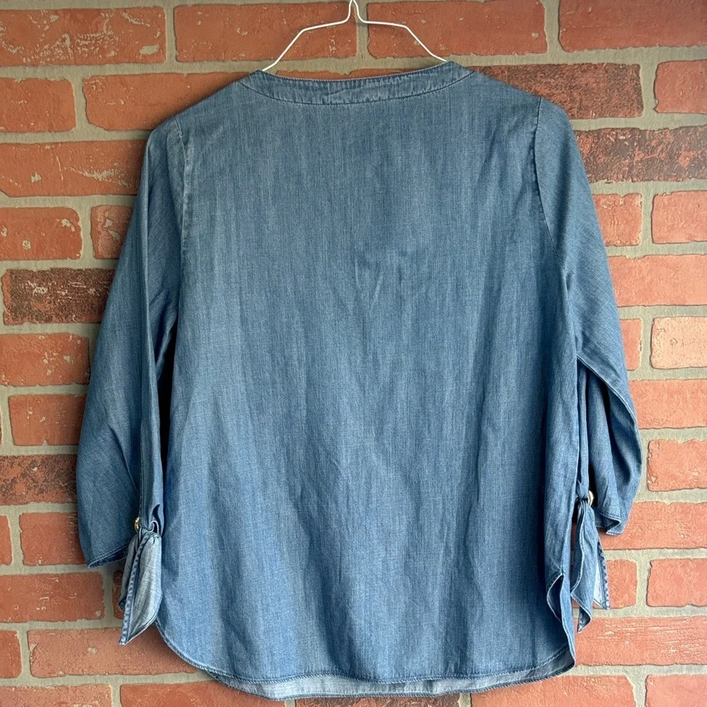 Michael Kors Chambray Boho Blouse 3/4 Tie Sleeve Large Split V-Neck Pull-On Blue